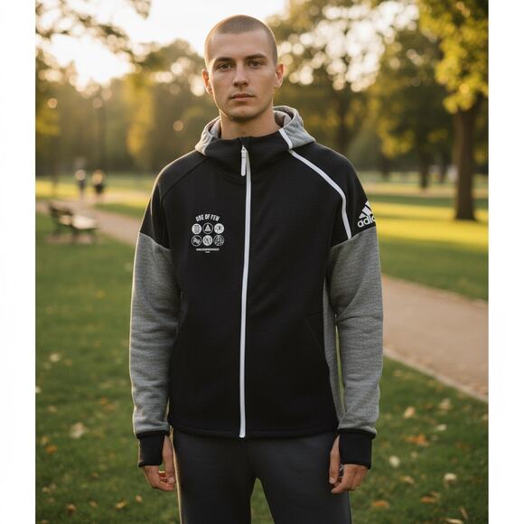 One of Few Adidas Hooded Knit Track Jacket Black Gray Full Zip Men's Small - Picture 2 of 9